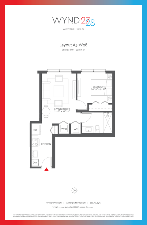 Floor plan for 1 bed, 1 bath, 539 sqft